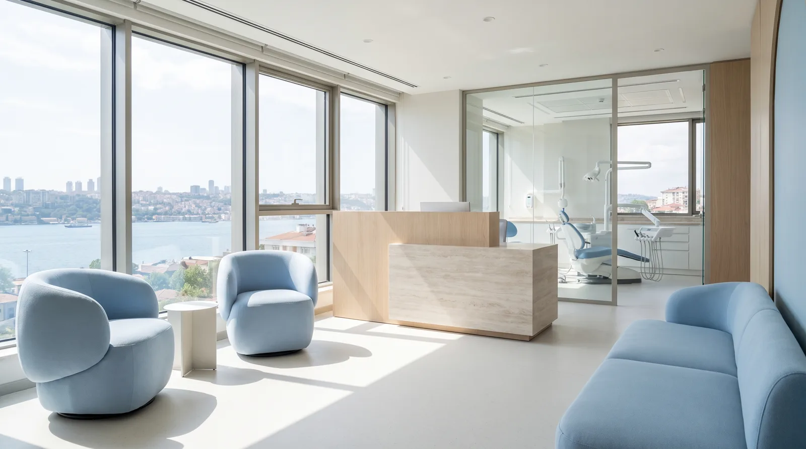 İstanbul Avrupa Yakası'nda modern bir diş kliniğinin resepsiyon ve bekleme alanı, arka planda muayene odası kapısı