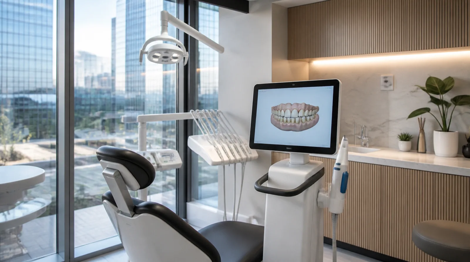 Levent'te modern diş kliniği tedavi odası; geniş camdan iş merkezi manzarası görünüyor, ön planda dijital tarayıcı ekranı