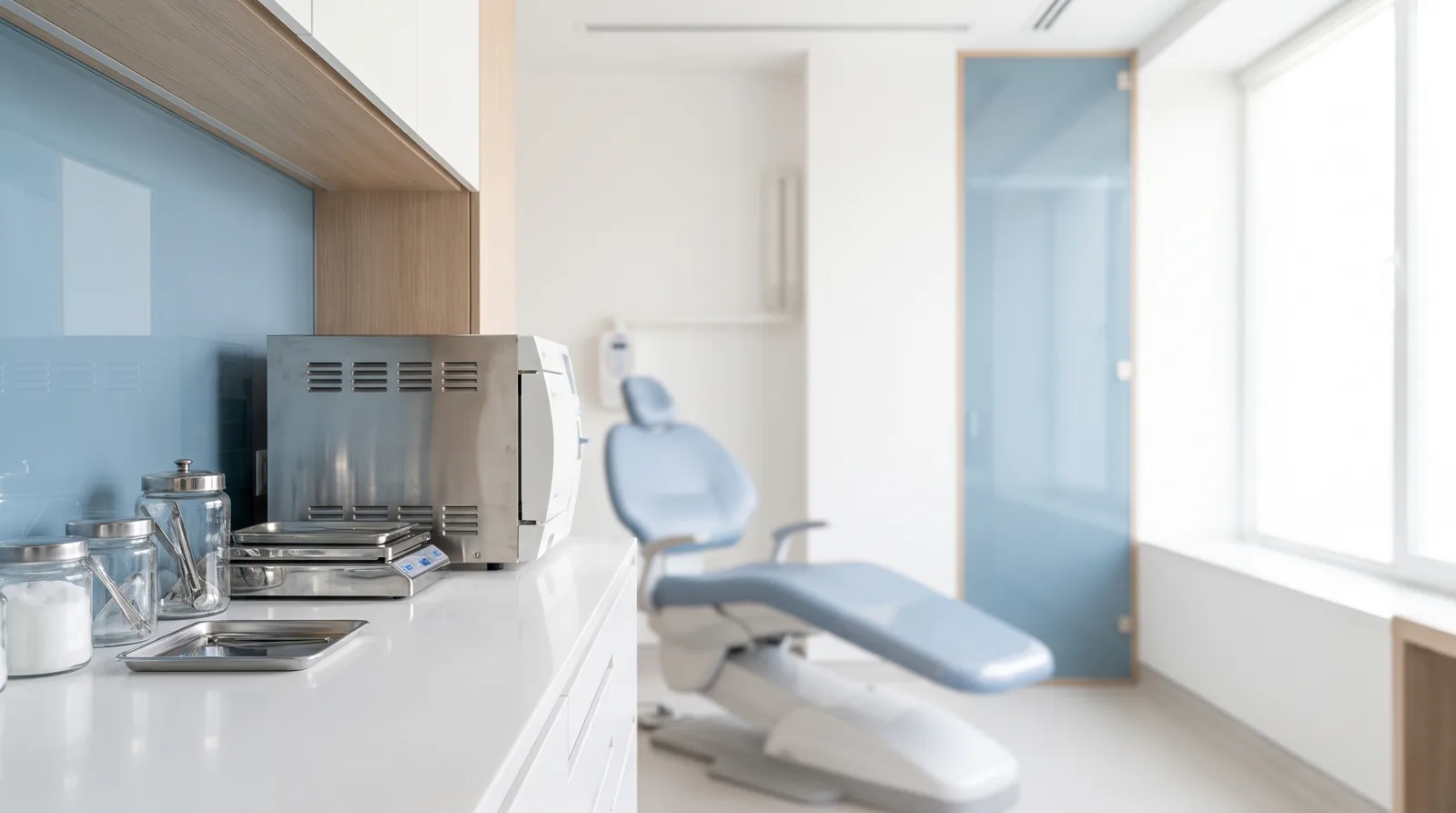 Şişli'de modern bir diş kliniği muayene odası; ön planda otoklav sterilizasyon cihazı, arka planda diş koltuğu