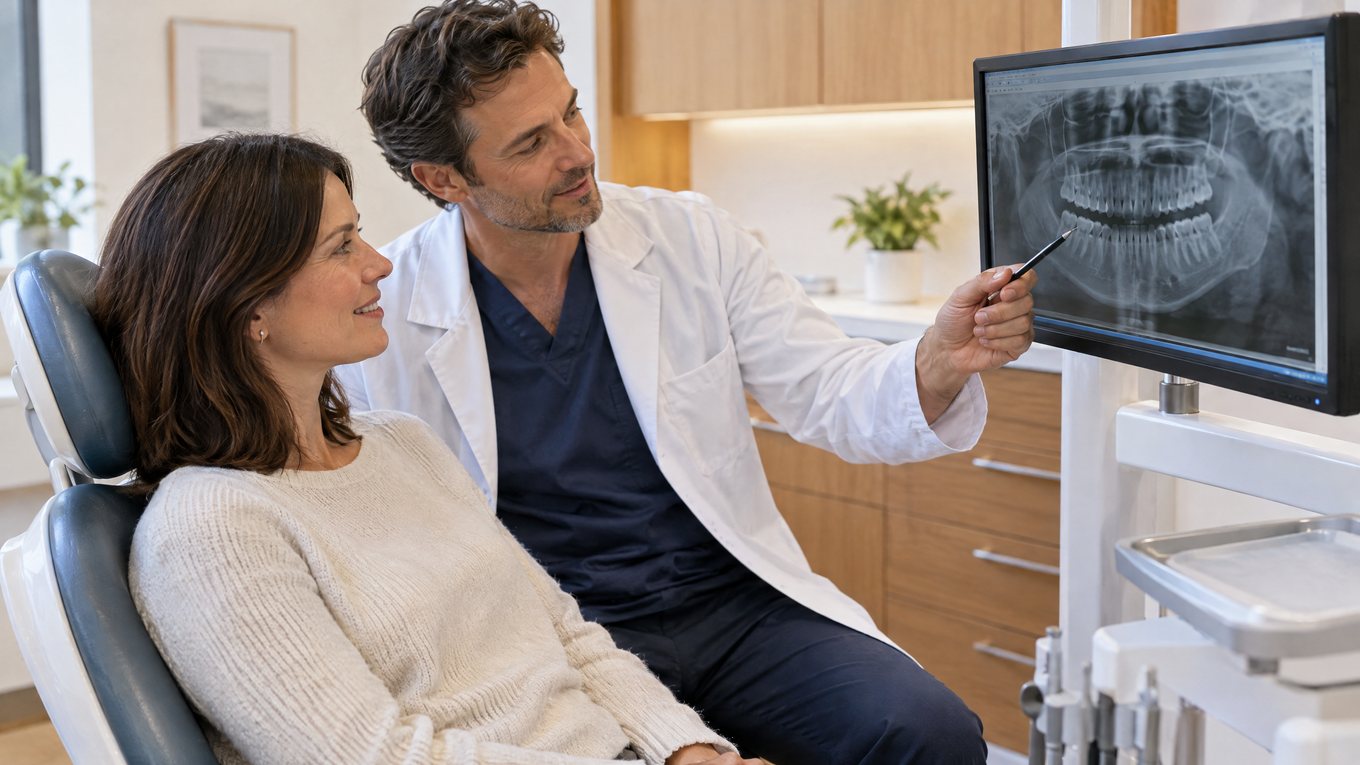 Dentiste montrant une radiographie panoramique à une patiente pour expliquer la douleur après dévitalisation