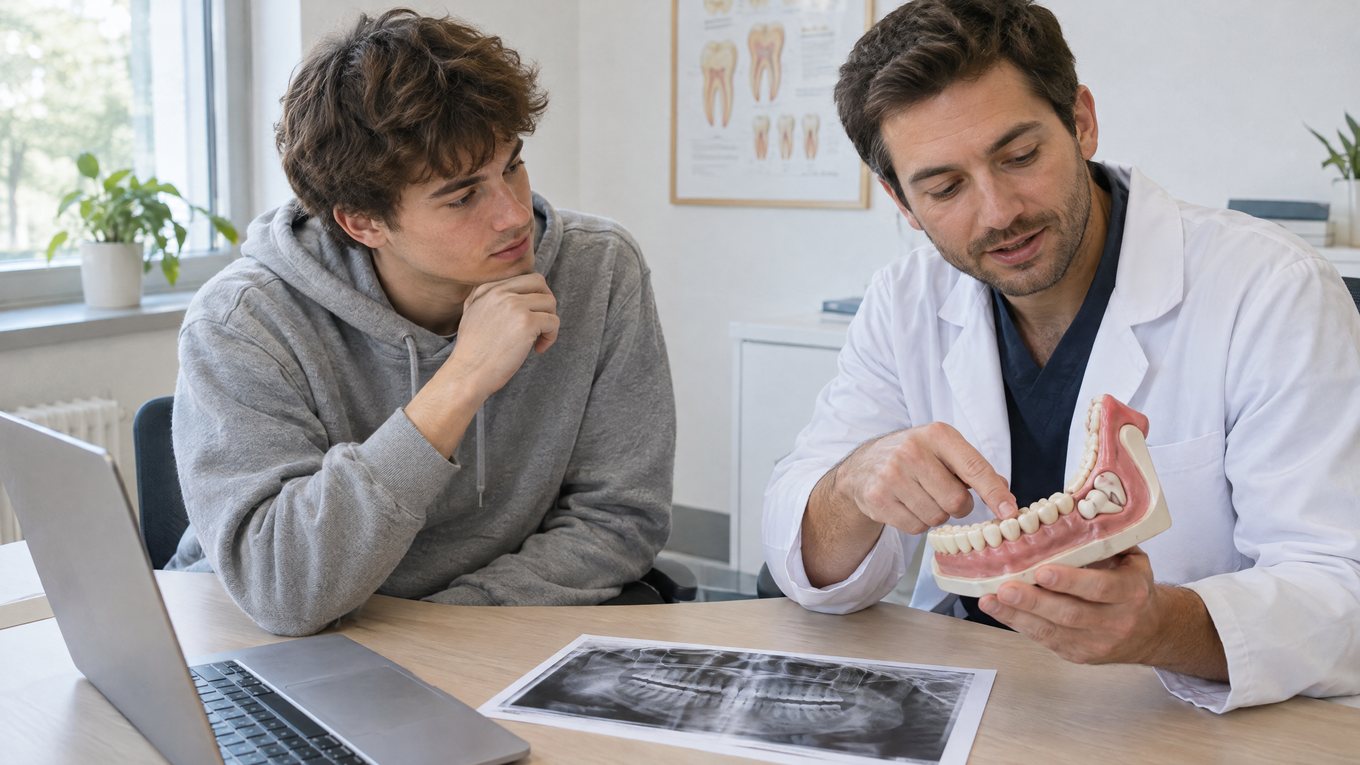 Enlever les dents de sagesse : un dentiste montre à un jeune patient la position des dents de sagesse sur un modèle de mâchoire et une radio panoramique