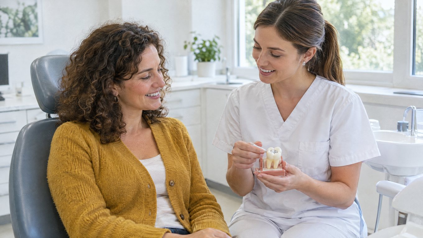 Dentiste expliquant à une patiente, sur une maquette de dent, la douleur après soin dentaire et les gestes à suivre
