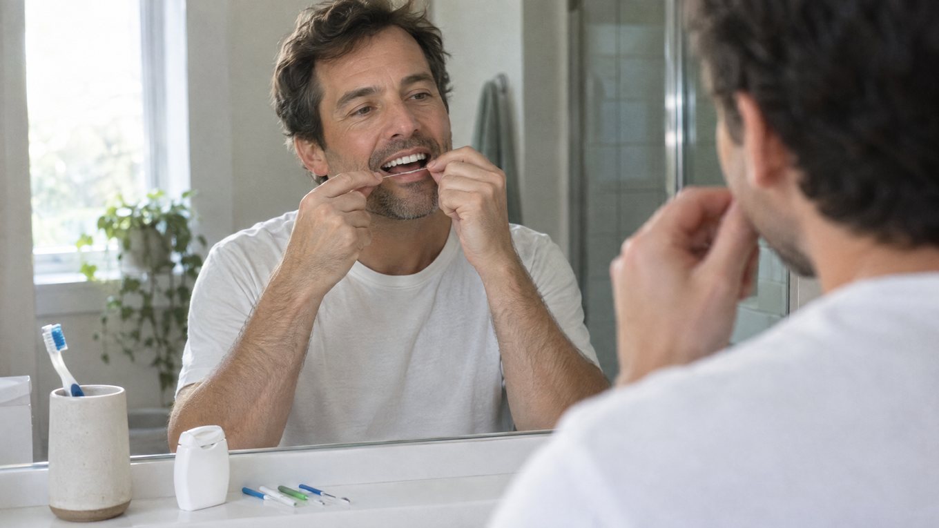 Comment utiliser le fil dentaire : homme en t-shirt blanc tendant le fil entre ses doigts devant le miroir de la salle de bains
