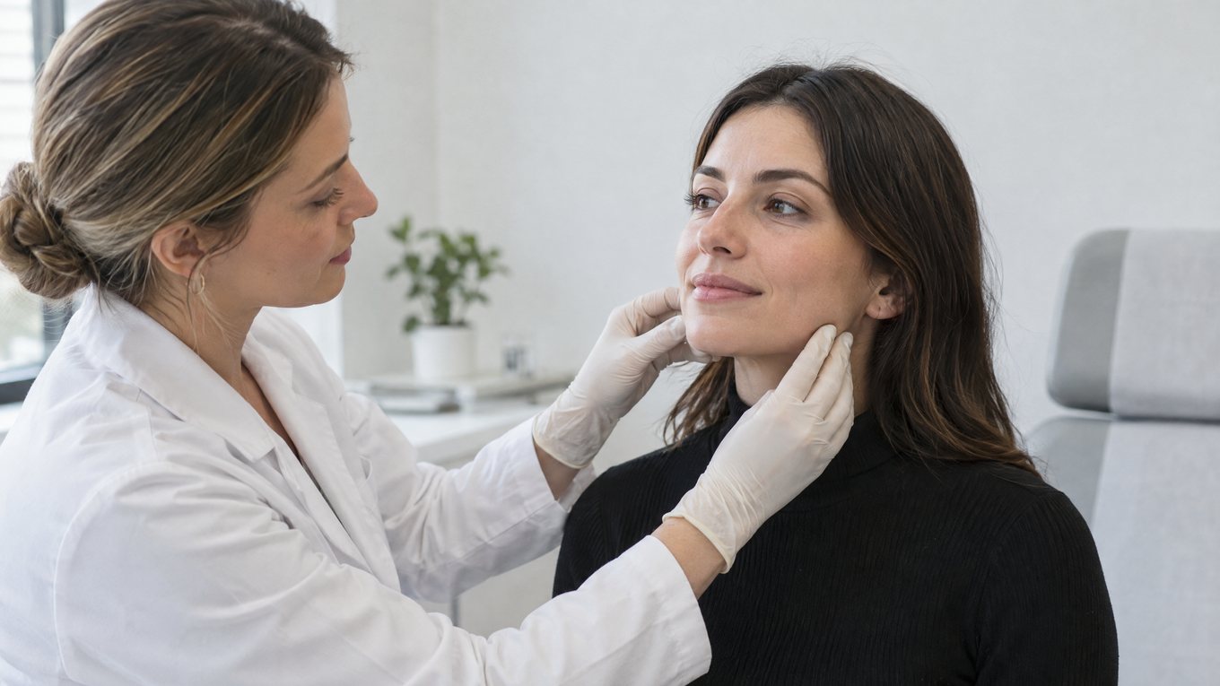 Botox masséter : la praticienne palpe les deux muscles masticateurs avant le traitement