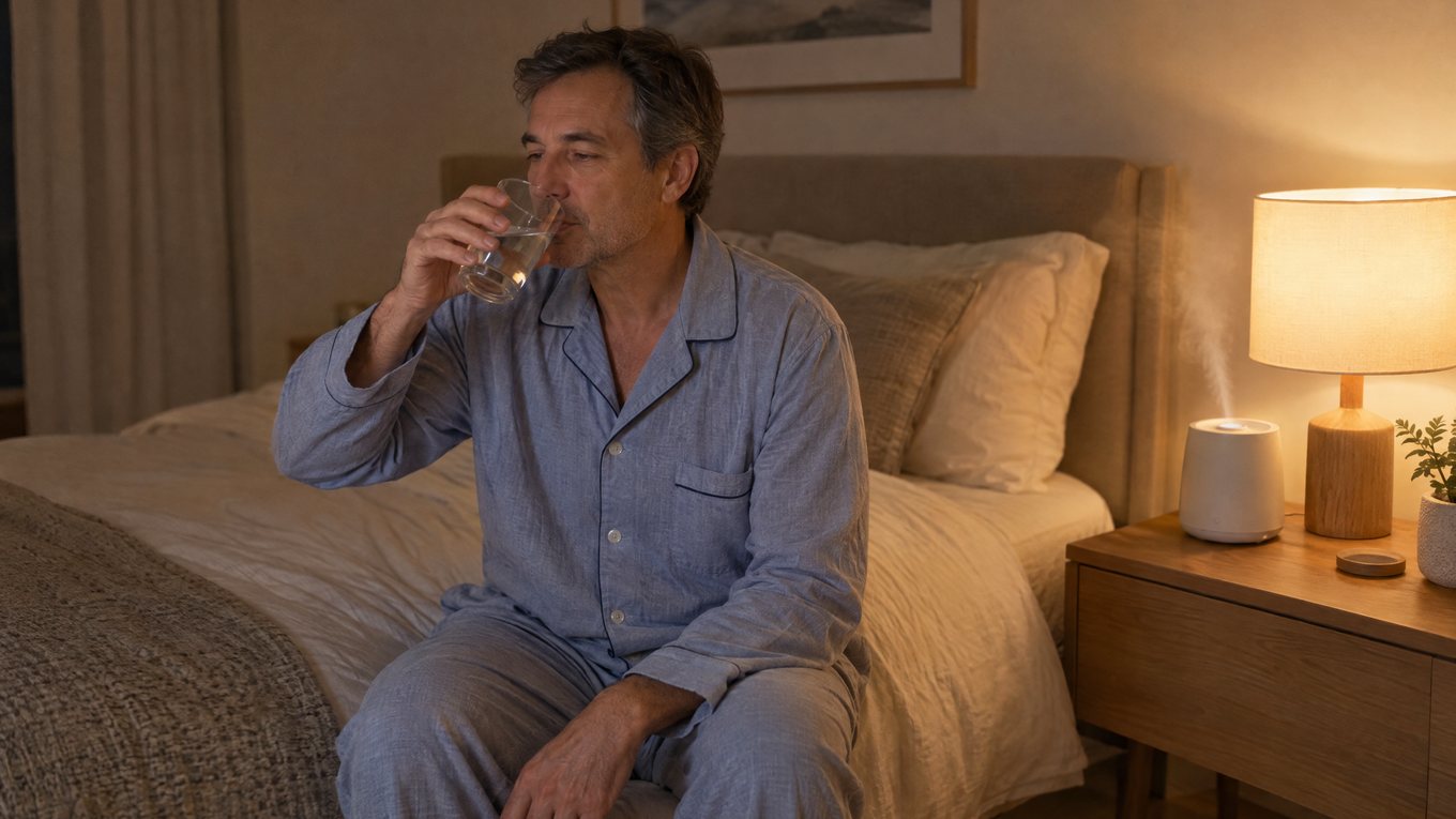 Bouche sèche la nuit : homme d’une cinquantaine d’années en pyjama buvant un verre d’eau assis au bord du lit, près d’une lampe de chevet et d’un petit humidificateur qui diffuse une fine vapeur
