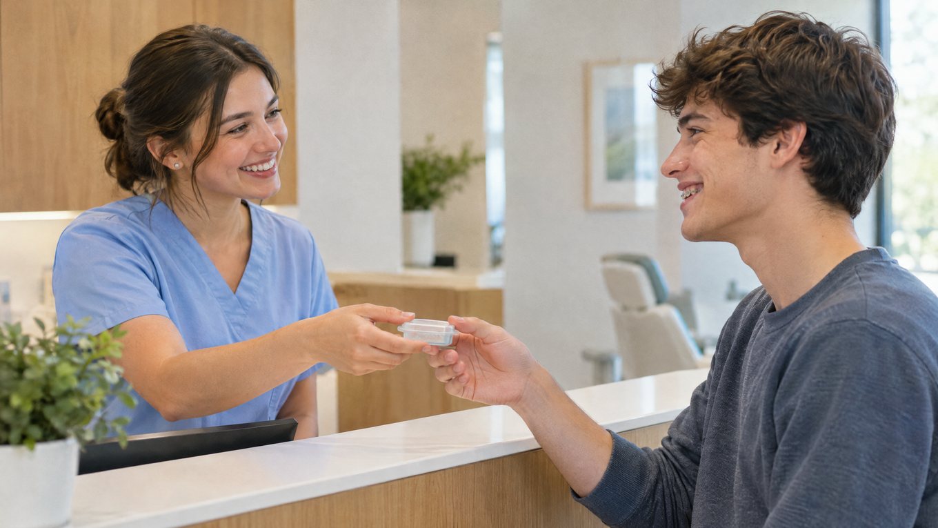 Aft neden olur sorusuna bir yanıt: klinik resepsiyonunda asistan, diş teli takan genç hastaya ortodontik mum kutusu uzatıyor