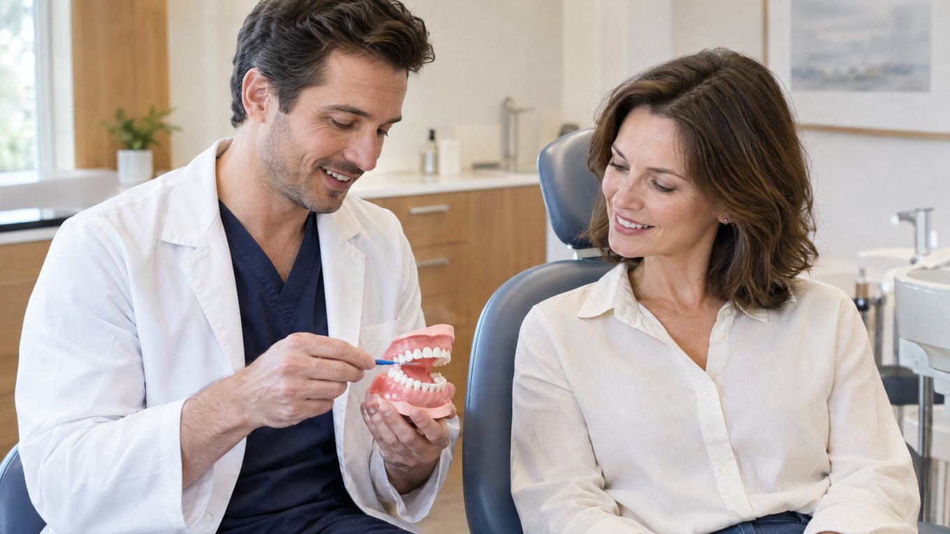 Pour soigner une gingivite, le dentiste montre à une patiente, sur un modèle de mâchoire, le nettoyage du bord de la gencive à la brossette interdentaire
