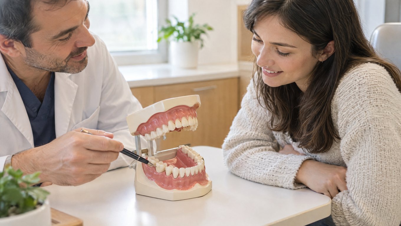 Nom des dents expliqué sur un modèle de mâchoire : le dentiste montre avec un stylo une dent de la mâchoire inférieure à une jeune patiente attentive