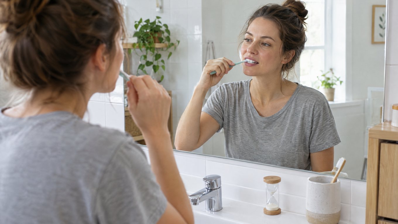 Brossage des dents : femme dans une salle de bains lumineuse inclinant sa brosse manuelle vers la gencive devant le miroir