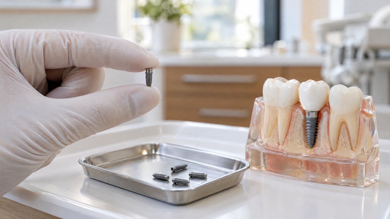 Implant dentaire en titane : implant en taille réelle entre des doigts gantés, petit plateau d’implants et mâchoire modèle couronnée