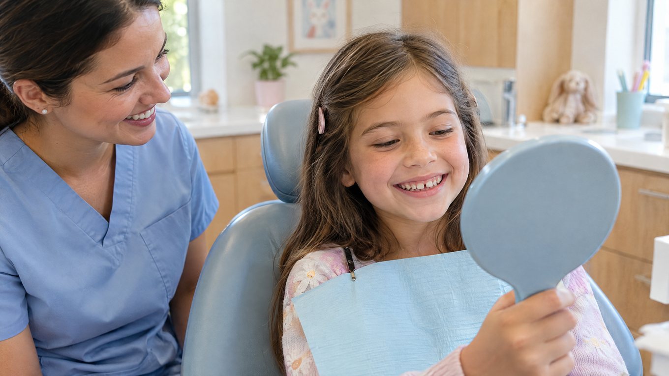 Perte des dents de lait : une fillette de sept ans, souriante sur le fauteuil dentaire, regarde dans un miroir à main le petit espace entre ses dents de devant