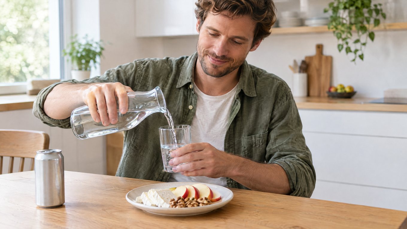 Comment savoir si on a une carie : un homme se sert un verre d’eau à une table ensoleillée, avec fromage, tranches de pomme et noix